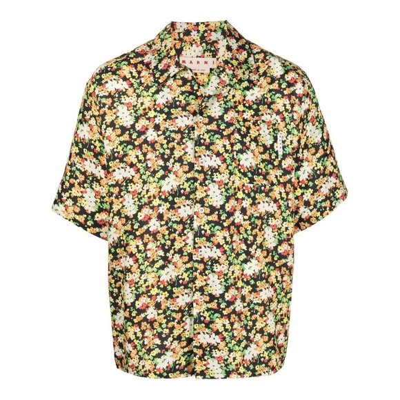 Marni Lovers Prairie Viscose Toile Black Flowers Camp Collar Bowling Shirt (50)